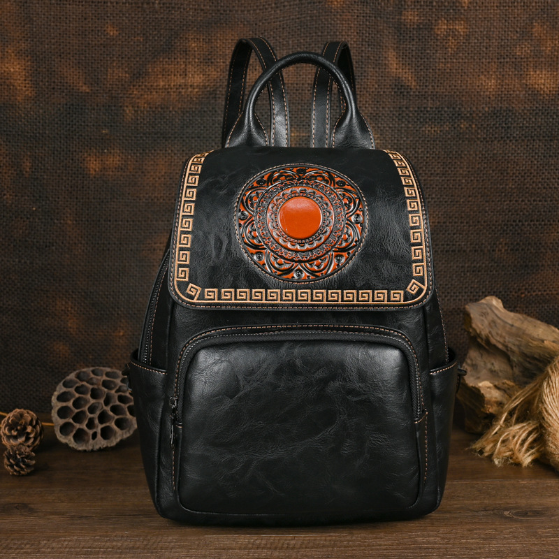Leather Backpack Vintage - กระเป๋าเป้หนังแท้ทำมือสไตล์วินเทจใหม่ปี 2026 ของ Johnature สำหรับผู้หญิง ลายนูนโทเท็ม