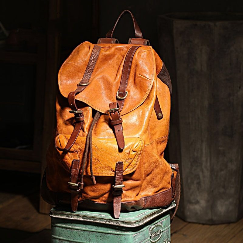 Leather Backpack Vintage - คุณภาพสูง Vintage พับผัก Tanned Cowhide กระเป๋าเป้สะพายหลัง